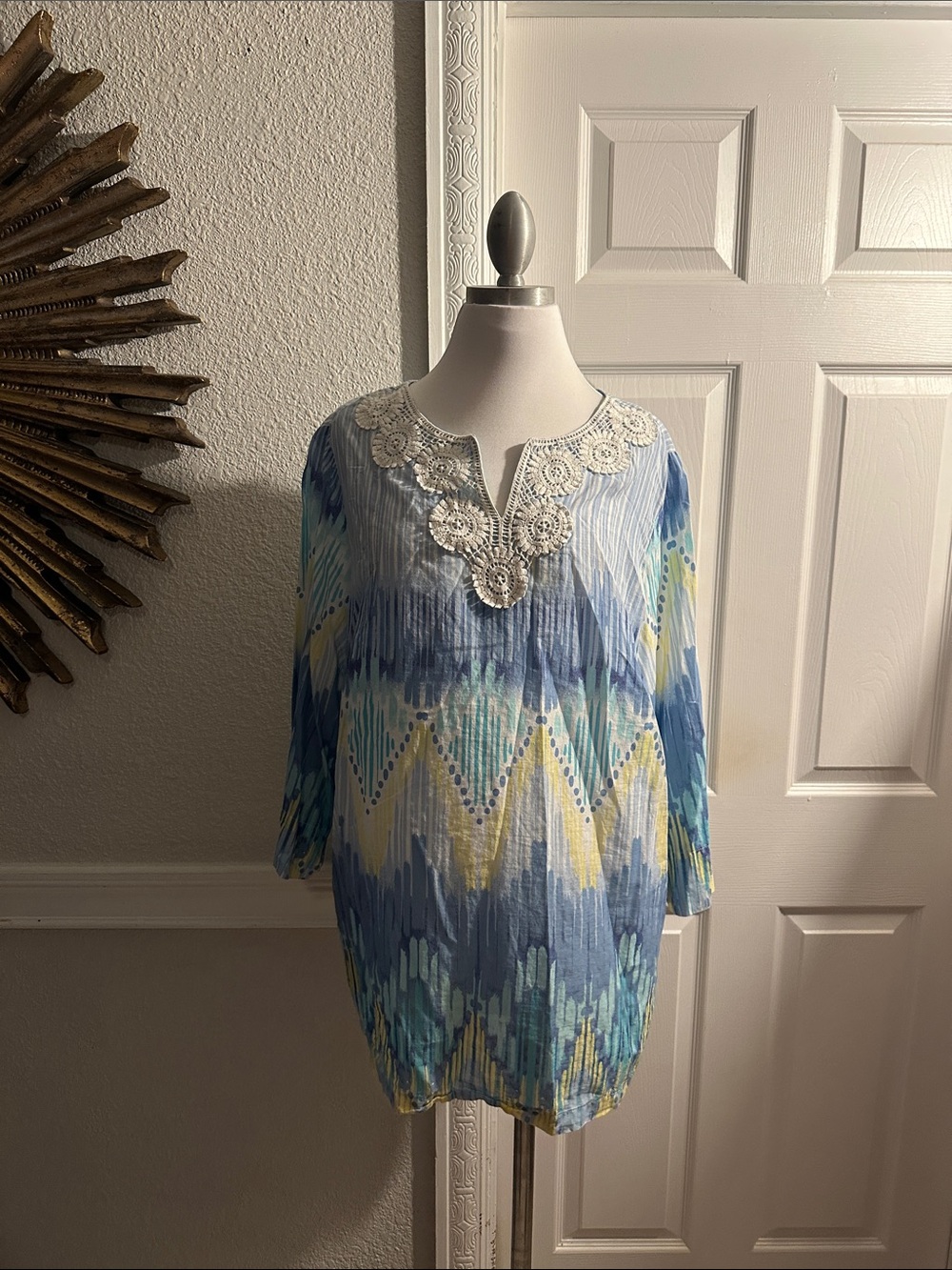 Alfred Dunner Blue & Yellow Crochet-Trim V-Neck Tunic